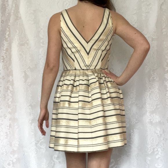 Gold and Navy Striped Metallic Skater Dress - Picture 2 of 4